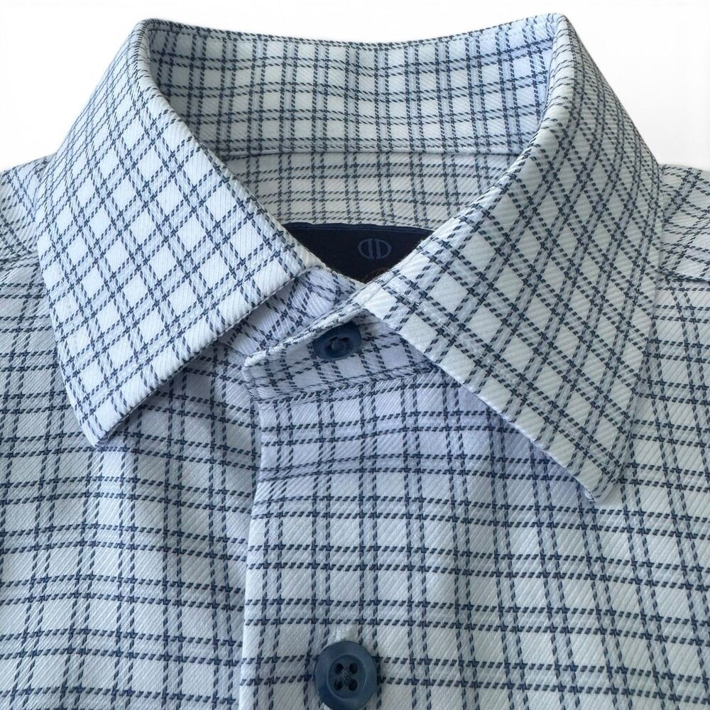 David Donahue Trim Fit‎ Dress Shirt Mens 14.5 32/33 White Blue Plaid Check Slim